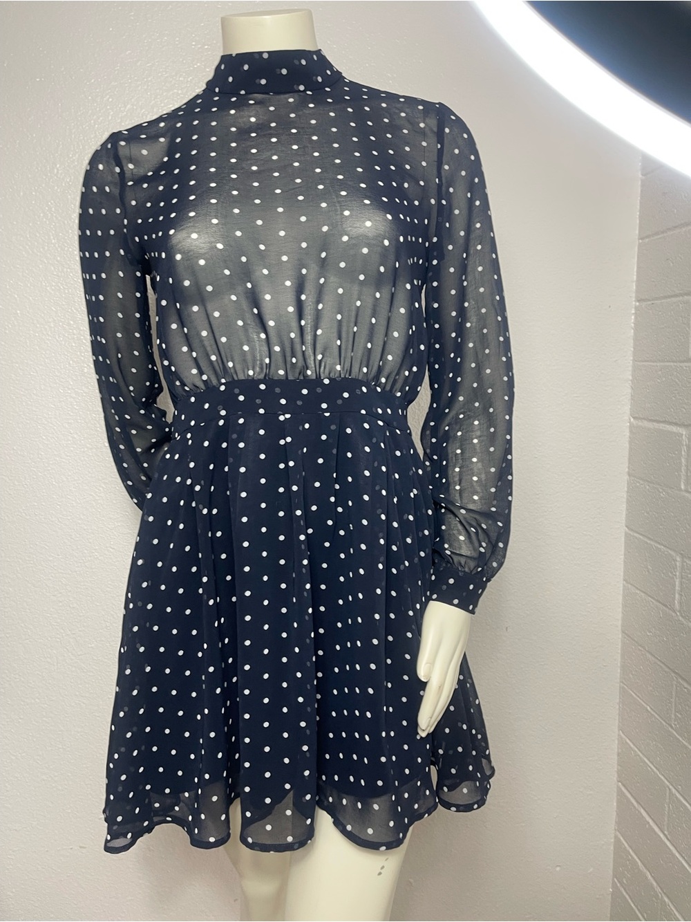 Women's Sheer Blue And White Swiss Dots Mini Dress